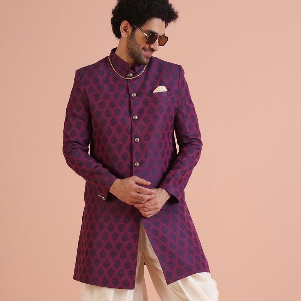 Nwot Kisah Wine Jacquard Sherwani